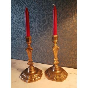 Pair Of Gilt Bronze Candlesticks. Louis Quinze Style., 19th Century. 