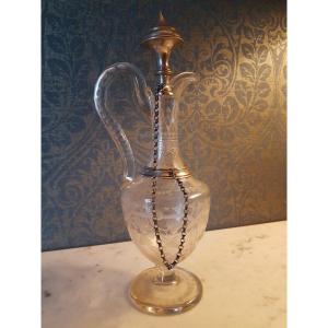 Carafe En Verre  Grave' Avec  Monture En Argent.  Napoleon III. 