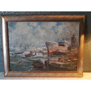 Oil Painting On Canvas 'port Rotterdam'. Signed 'a. Vernout'.