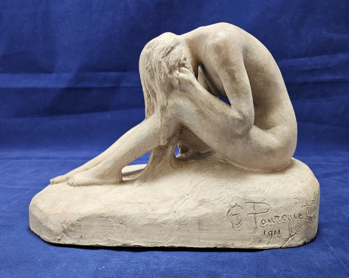 Sculpture en terre cuite nu féminin Art Nouveau signée Pourquet 1911 -photo-3