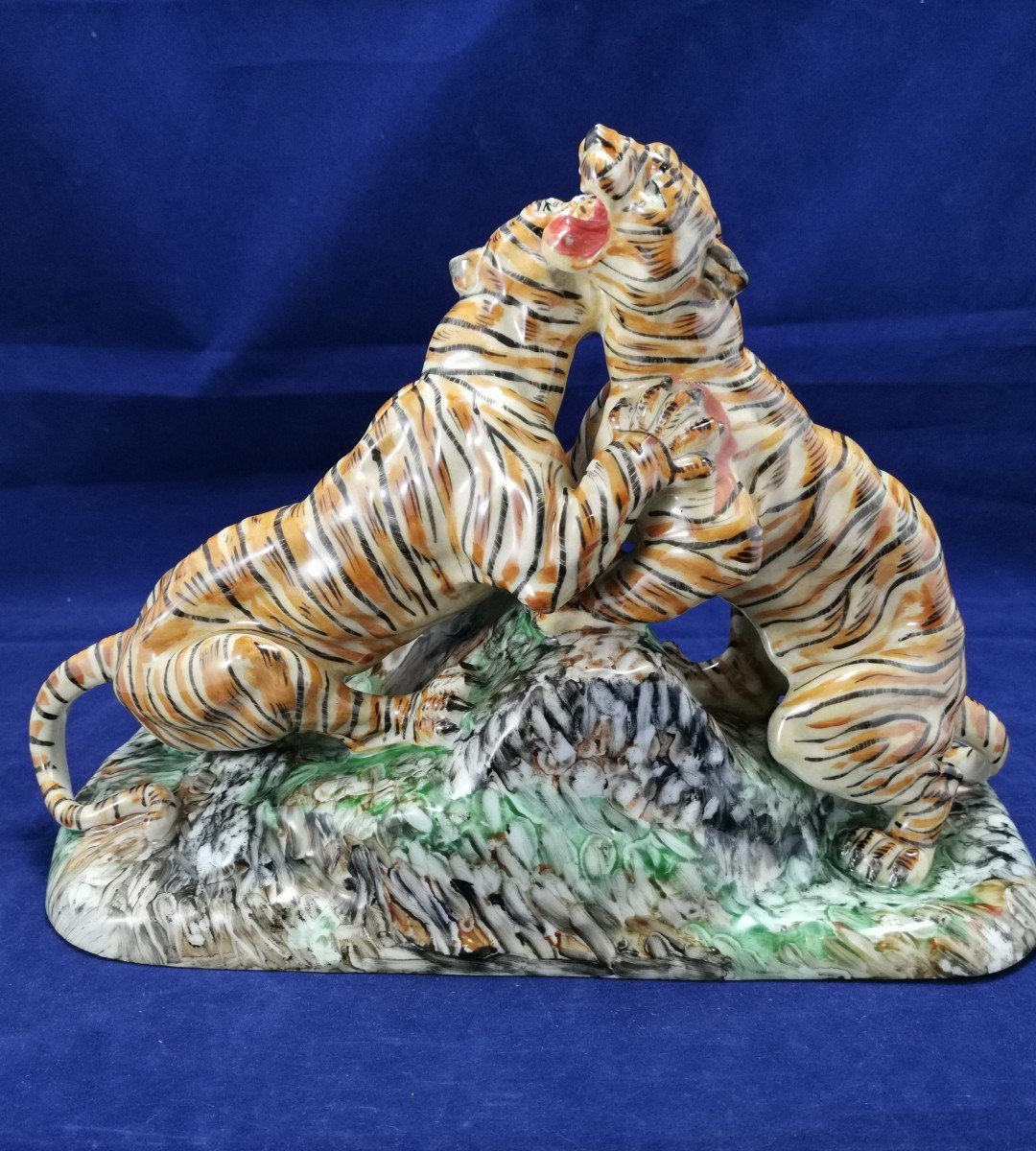 Limoges Porcelain Sculpture Jules Teissonniere Fighting Tigers-photo-2