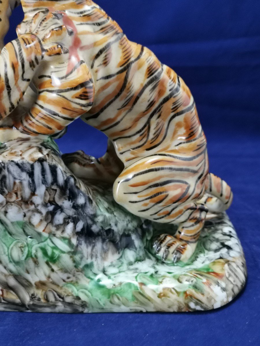 Limoges Porcelain Sculpture Jules Teissonniere Fighting Tigers-photo-8