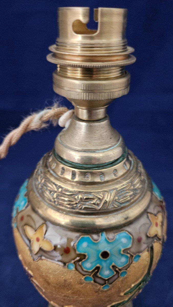 Earthenware Lamp With Cloisoné Enamel Decoration By Félix Optat Milet, Era 1900 Deck-photo-3