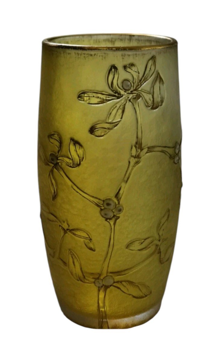 Vase Daum Nancyrtrt New 1900) Acid-etched, Enameled, Gilding. Mistletoe Decor, In Very Good Condition-photo-4