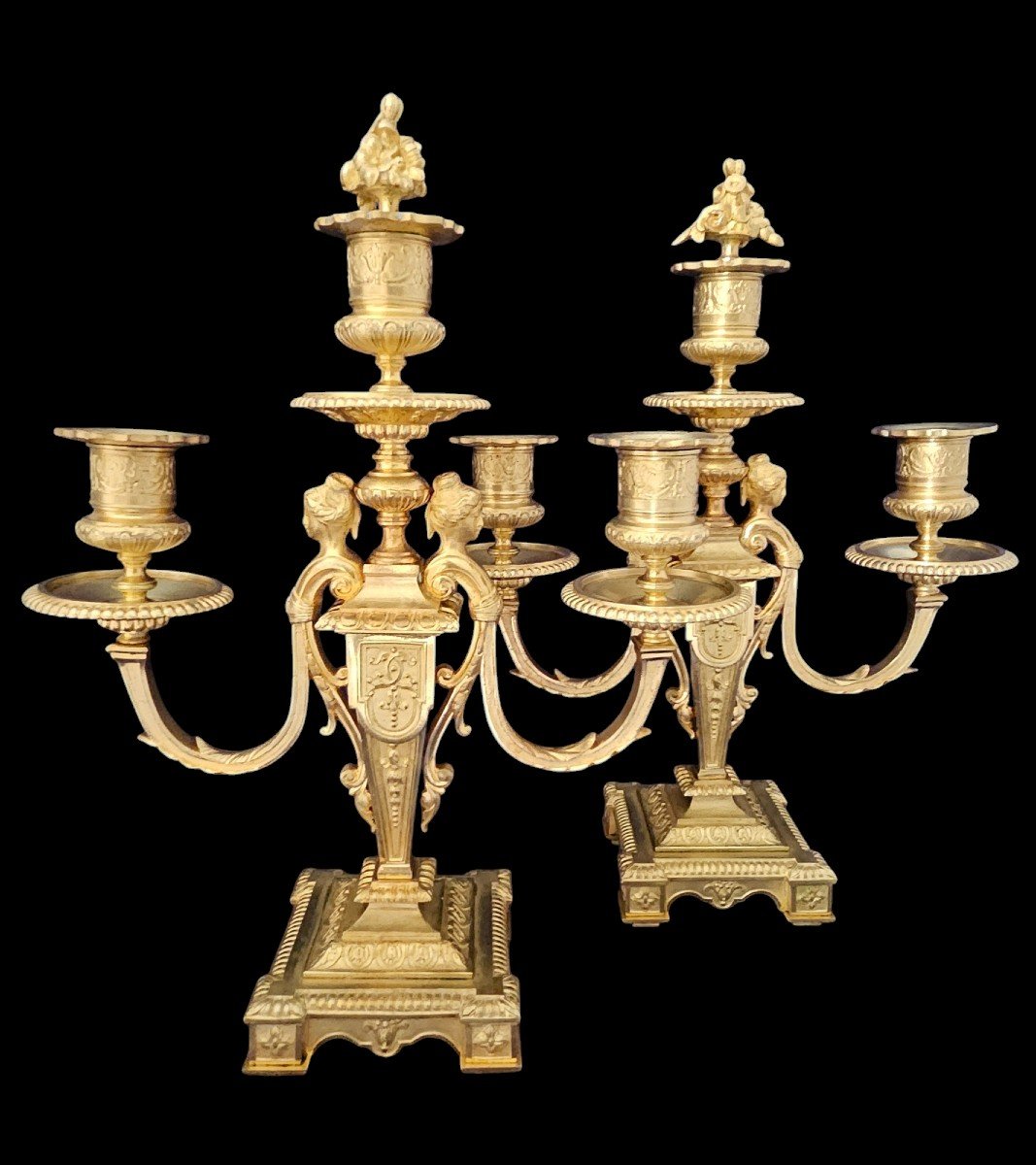 Pair Of Candelabra, Candlesticks In Gilded Bronze 19th Century 