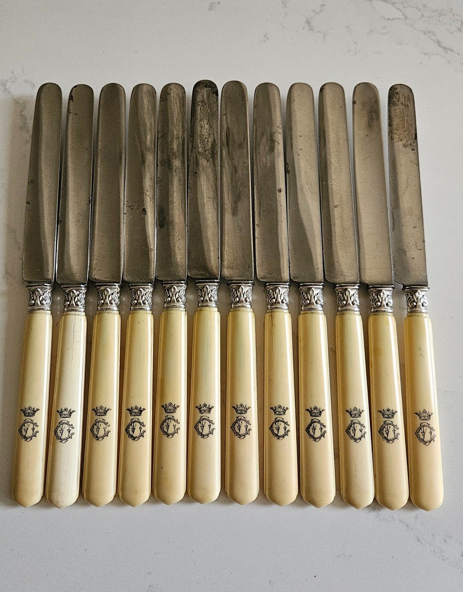 12 Monogrammed Knives And Marquis Crown In Ivory And Steel 19th Century -photo-4