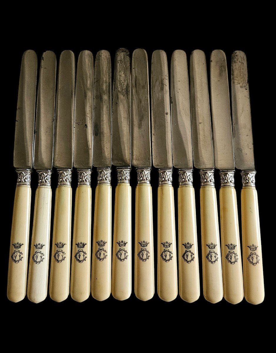 12 Monogrammed Knives And Marquis Crown In Ivory And Steel 19th Century 