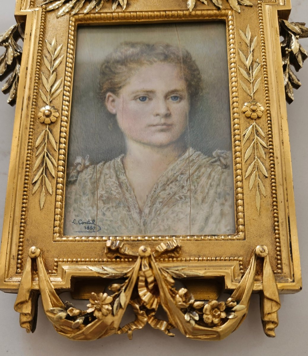 Léon-Marie Coutil peinture sur ivoire cadre en bronze Christofle 19 ème-photo-2