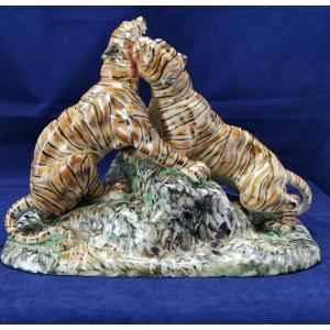 Limoges Porcelain Sculpture Jules Teissonniere Fighting Tigers