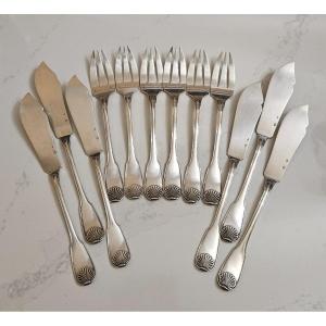 Puiforcat Fish Cutlery In Solid Silver, Minerva Hallmark, 1st Title