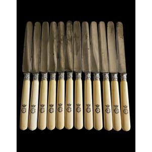 12 Monogrammed Knives And Marquis Crown In Ivory And Steel 19th Century 