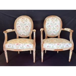 Paire De Fauteuils - Médaillons - Louis XVI - France - XVIII ème 