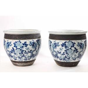 Important Pair Of Cache Pots - Glazed Stoneware - Nanking - China 