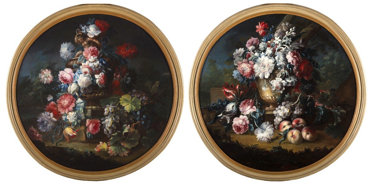 Michele Antonio Rapous, Couple De Nature Morte Avec Fleurs Et Fruits, XVIII Siècle-photo-2