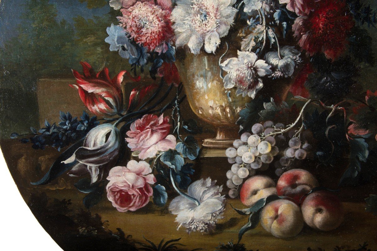 Michele Antonio Rapous, Couple De Nature Morte Avec Fleurs Et Fruits, XVIII Siècle-photo-8