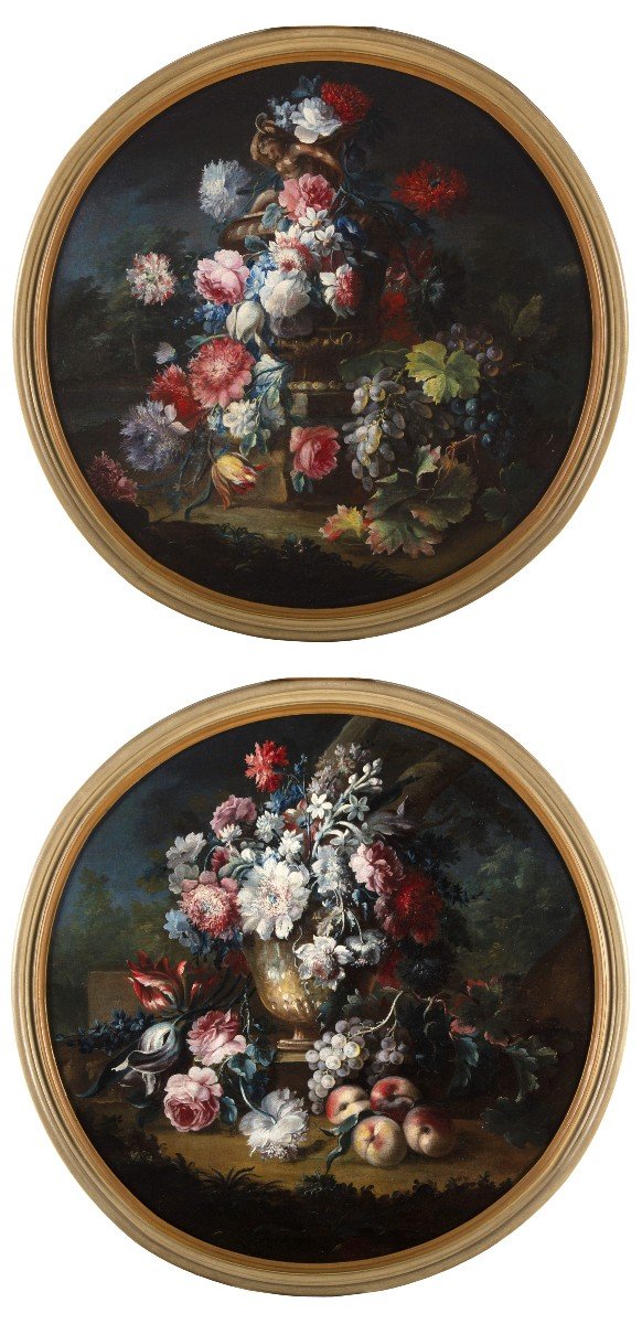 Michele Antonio Rapous, Couple De Nature Morte Avec Fleurs Et Fruits, XVIII Siècle