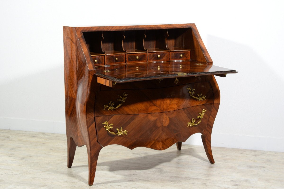 19th Century, Italian Louis XV Style Veneered Wood Chest Of Drawers-photo-4