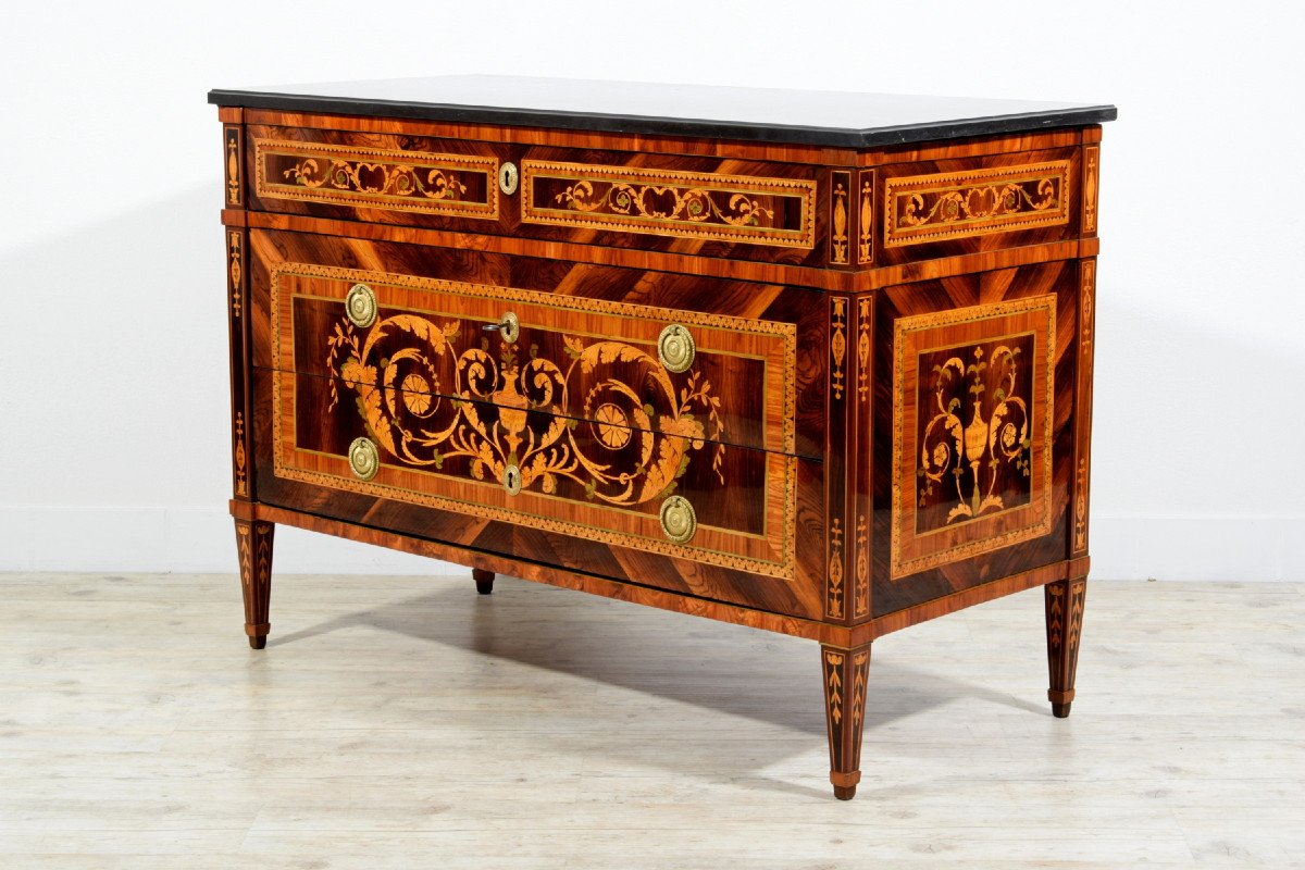 18th Century, Italian Neoclassical Inlaid Chest Of Drawers With Marble Top-photo-3