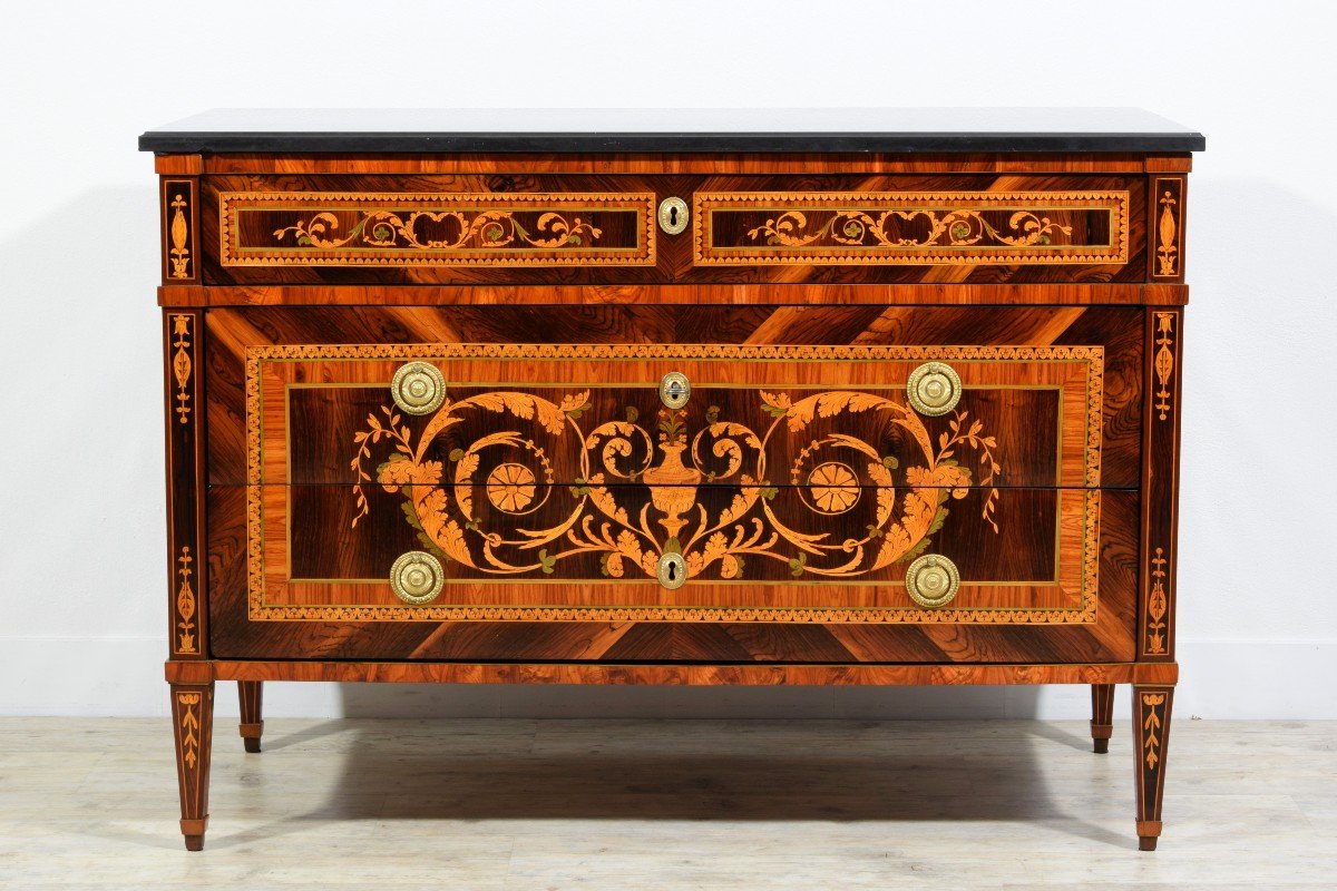 18th Century, Italian Neoclassical Inlaid Chest Of Drawers With Marble Top