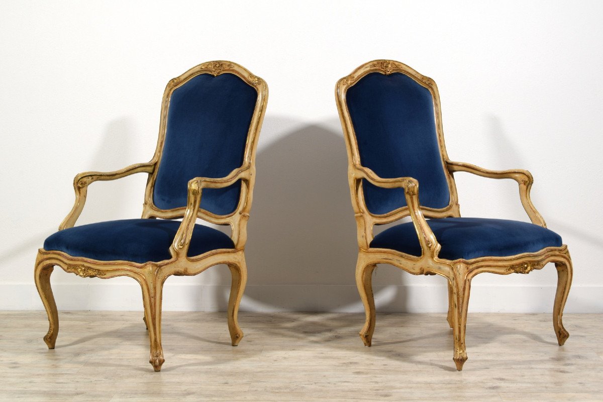 Paire De Fauteuils En Bois Laqué Et Doré, Italie Milieu Du XVIIIe Siècle, époque Baroque-photo-3