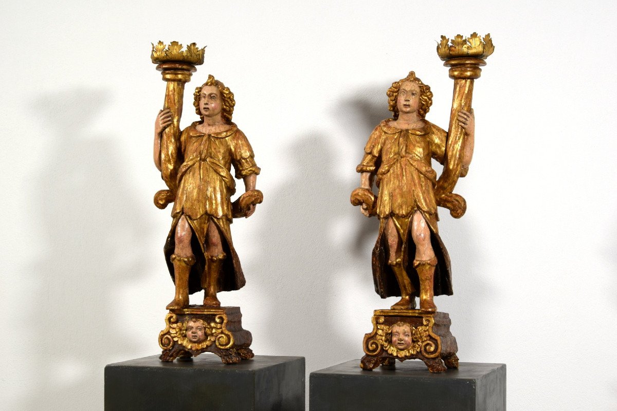 16th Century, Pair Of Italian Lacquered And Gilt Wood Sculptures Torch Holders -photo-2