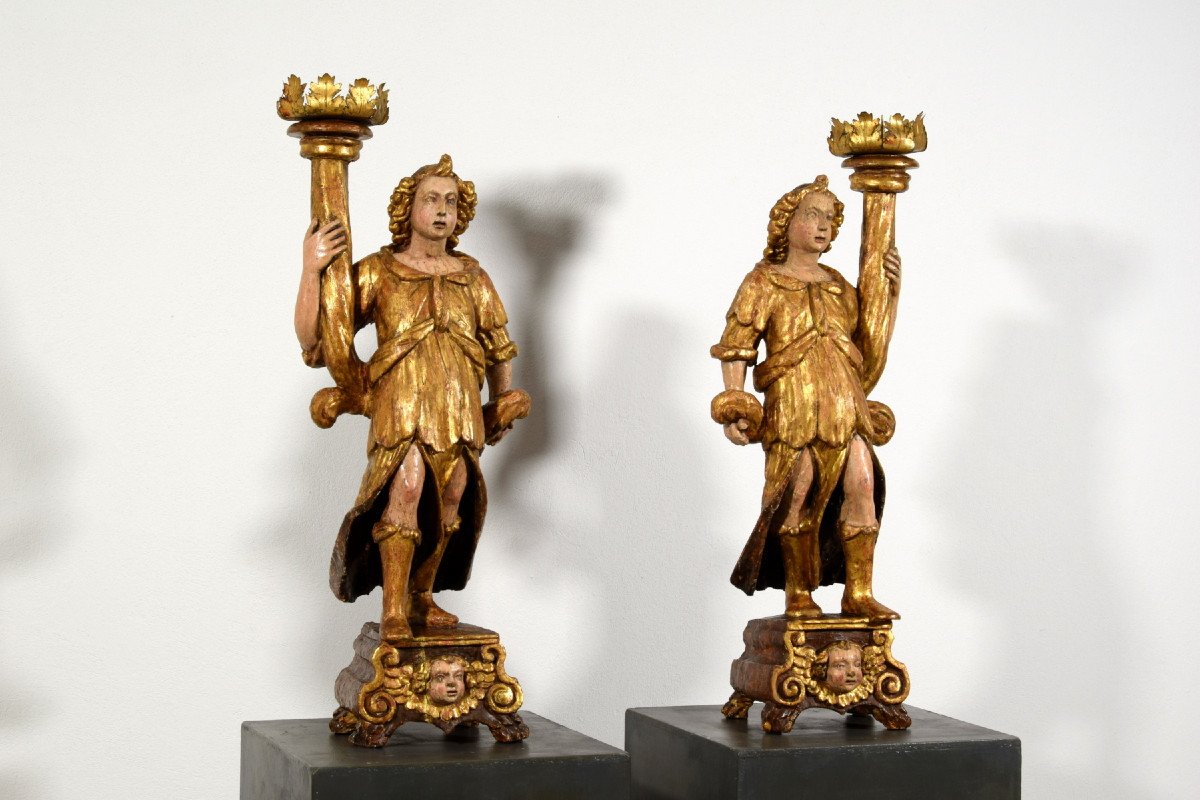 16th Century, Pair Of Italian Lacquered And Gilt Wood Sculptures Torch Holders -photo-3