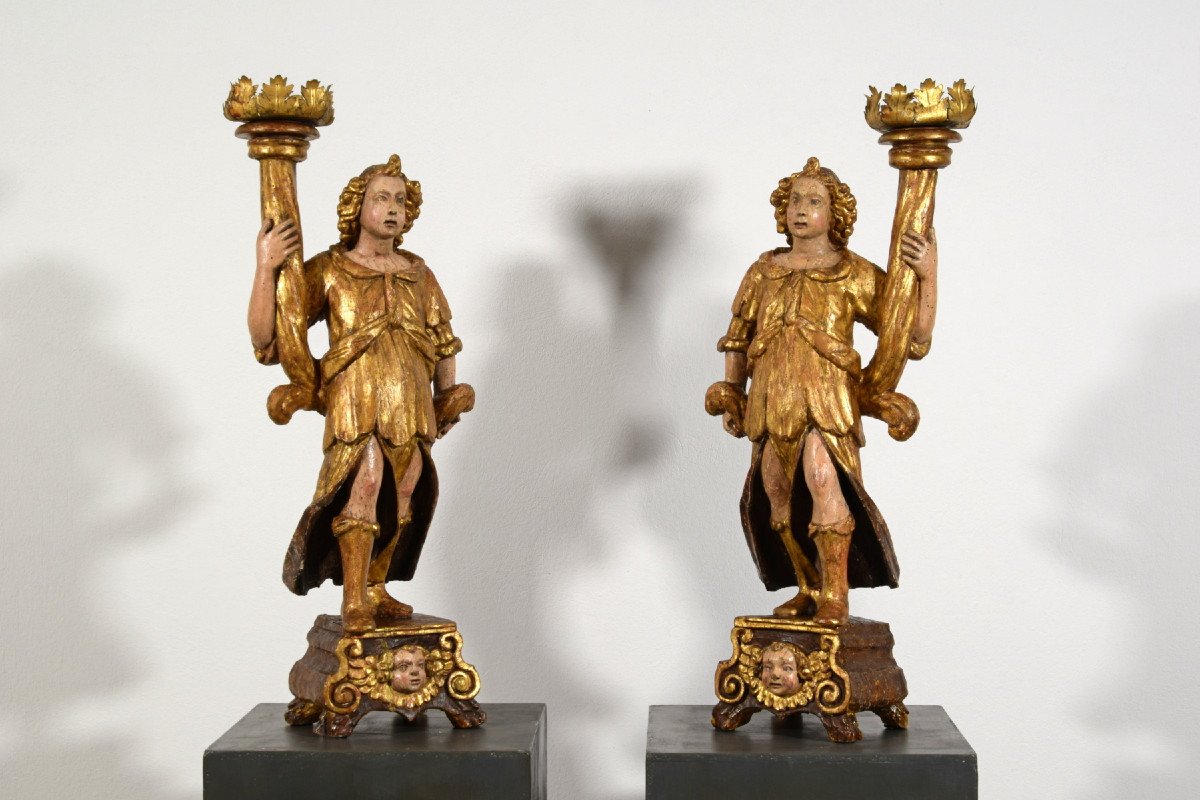 16th Century, Pair Of Italian Lacquered And Gilt Wood Sculptures Torch Holders -photo-4