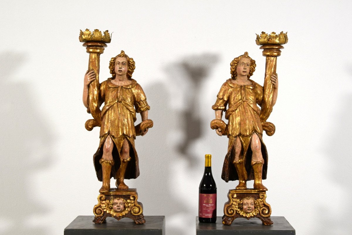 16th Century, Pair Of Italian Lacquered And Gilt Wood Sculptures Torch Holders -photo-1