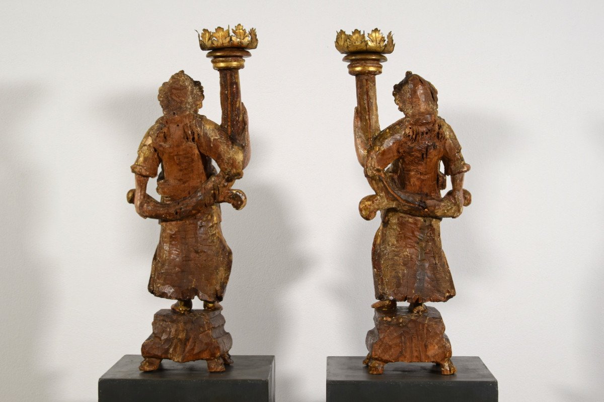 16th Century, Pair Of Italian Lacquered And Gilt Wood Sculptures Torch Holders -photo-3