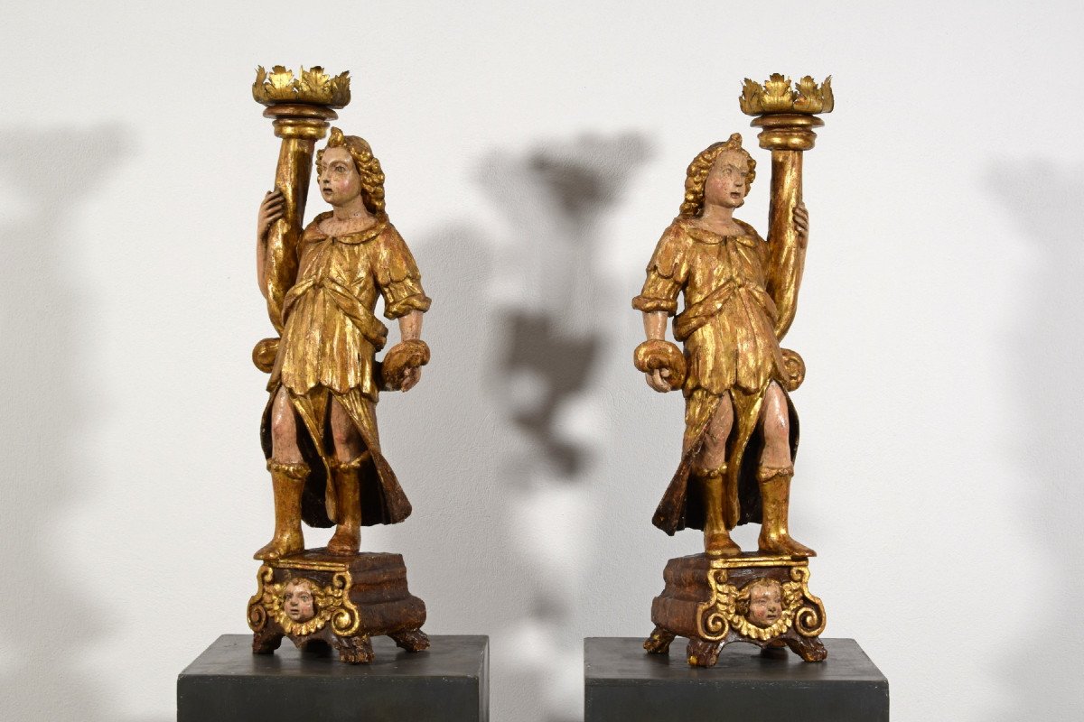 16th Century, Pair Of Italian Lacquered And Gilt Wood Sculptures Torch Holders -photo-4