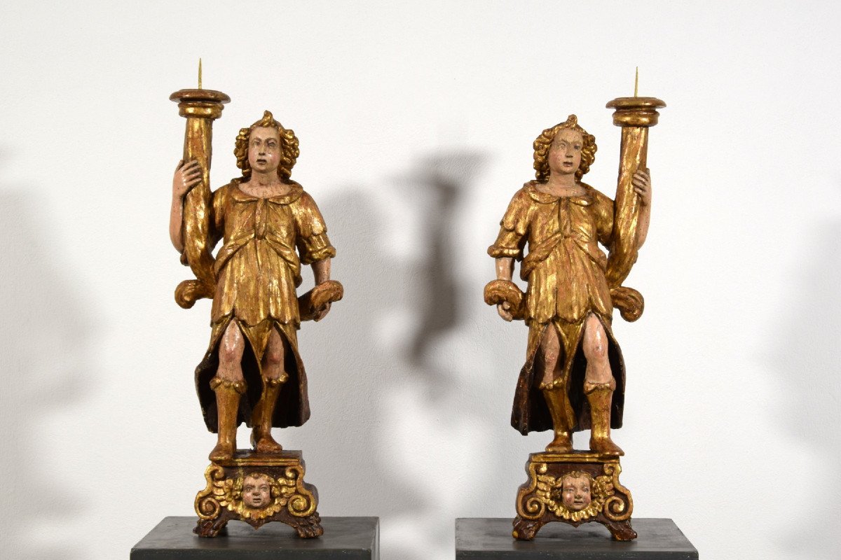 16th Century, Pair Of Italian Lacquered And Gilt Wood Sculptures Torch Holders -photo-5