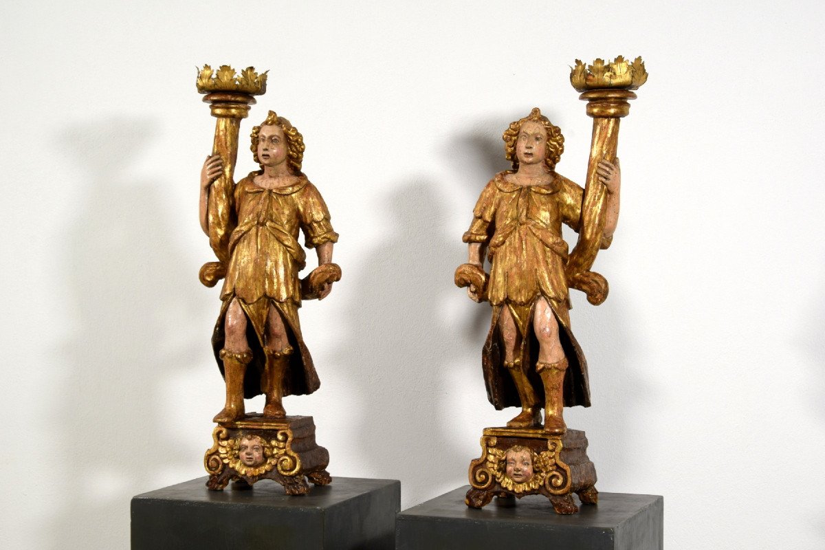 16th Century, Pair Of Italian Lacquered And Gilt Wood Sculptures Torch Holders -photo-7