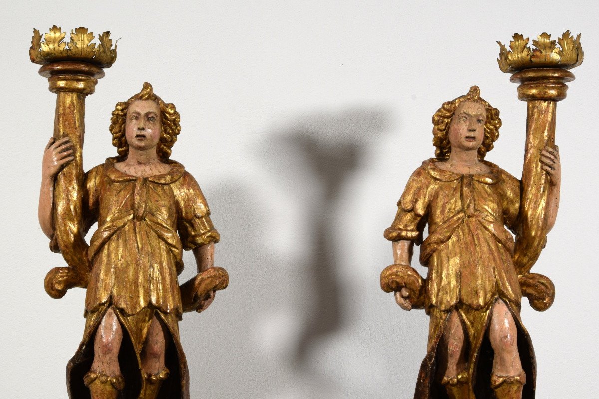 16th Century, Pair Of Italian Lacquered And Gilt Wood Sculptures Torch Holders -photo-8