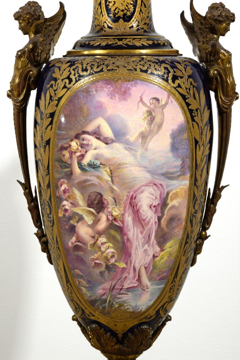 End Of 19th Century, Monumental Sèvres Polychrome Porcelain Vase -photo-2