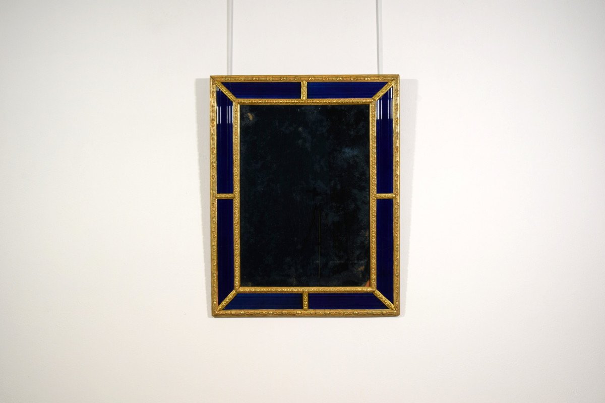 18th Century, Sweden Mirror With Carved And Gilded Wood Frame And Cobalt Blue Glass-photo-2