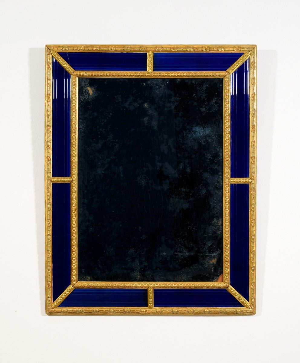 18th Century, Sweden Mirror With Carved And Gilded Wood Frame And Cobalt Blue Glass