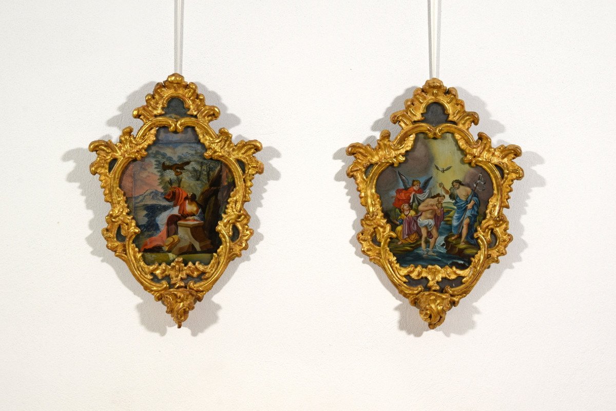 18th Century, Italian Pair Of Paintings On Glass In Giltwood Frames-photo-4