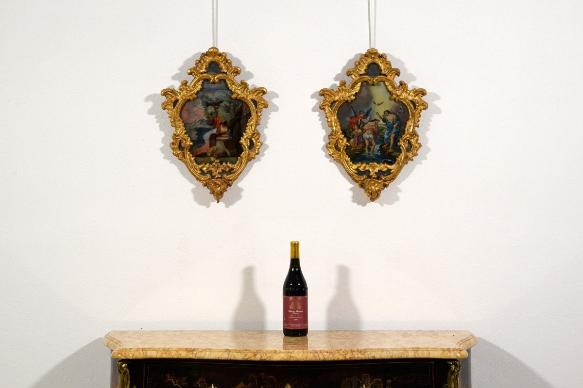 18th Century, Italian Pair Of Paintings On Glass In Giltwood Frames-photo-1