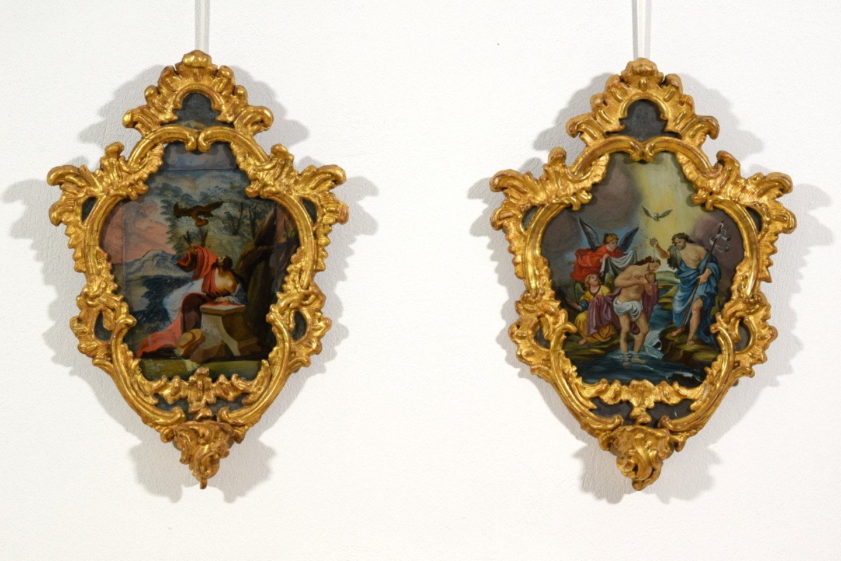 18th Century, Italian Pair Of Paintings On Glass In Giltwood Frames-photo-2