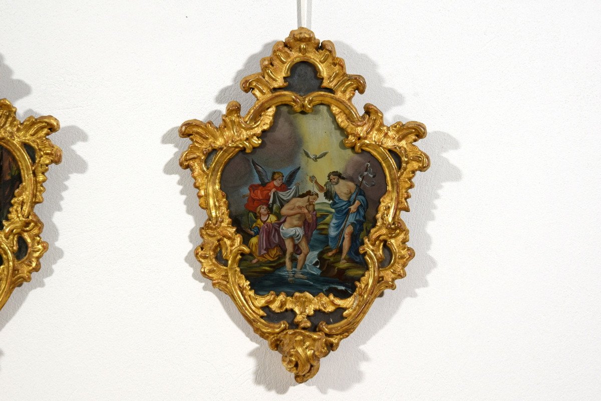 18th Century, Italian Pair Of Paintings On Glass In Giltwood Frames-photo-4