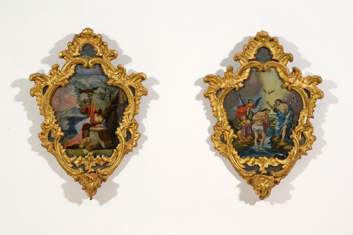 18th Century, Italian Pair Of Paintings On Glass In Giltwood Frames