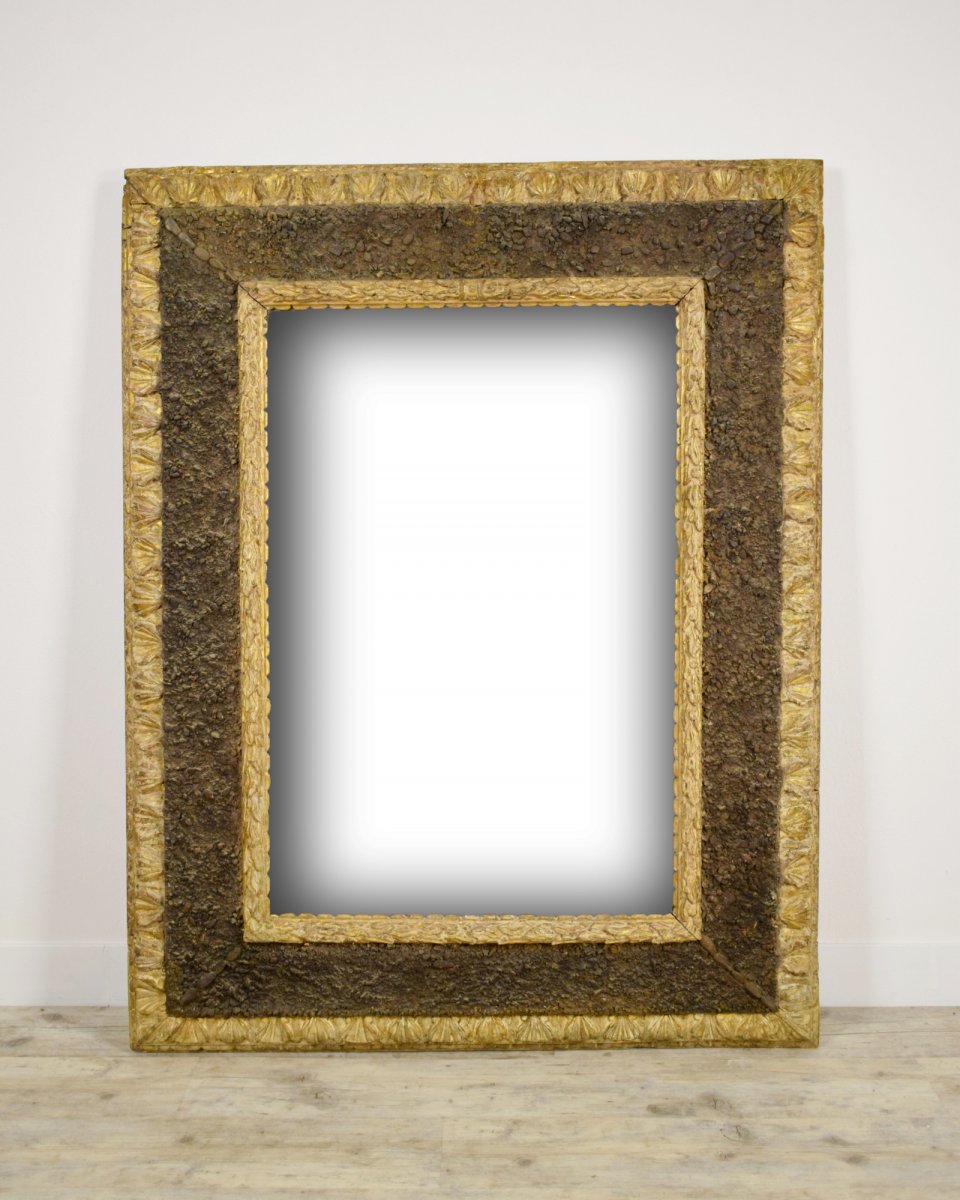 17th Century, Italian Carved Gilt Wood Mirror With Small Stones