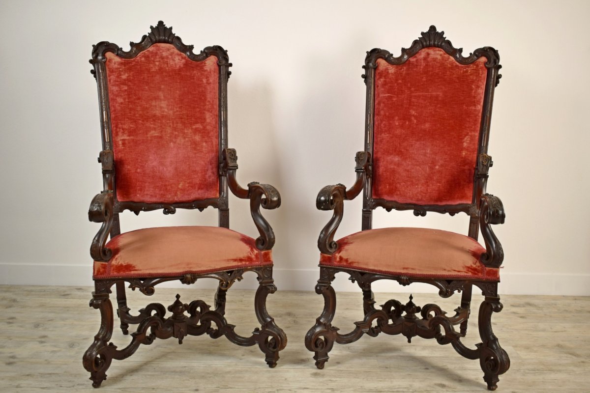 Paire De Grandes Fauteuils En Bois, Italie Venise, XIXe Siècle-photo-1