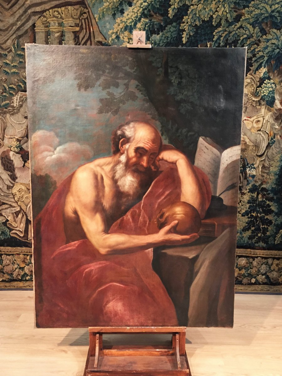 17th Century, Italian Oil On Canvas  With Saint Jerome In Meditation-photo-2