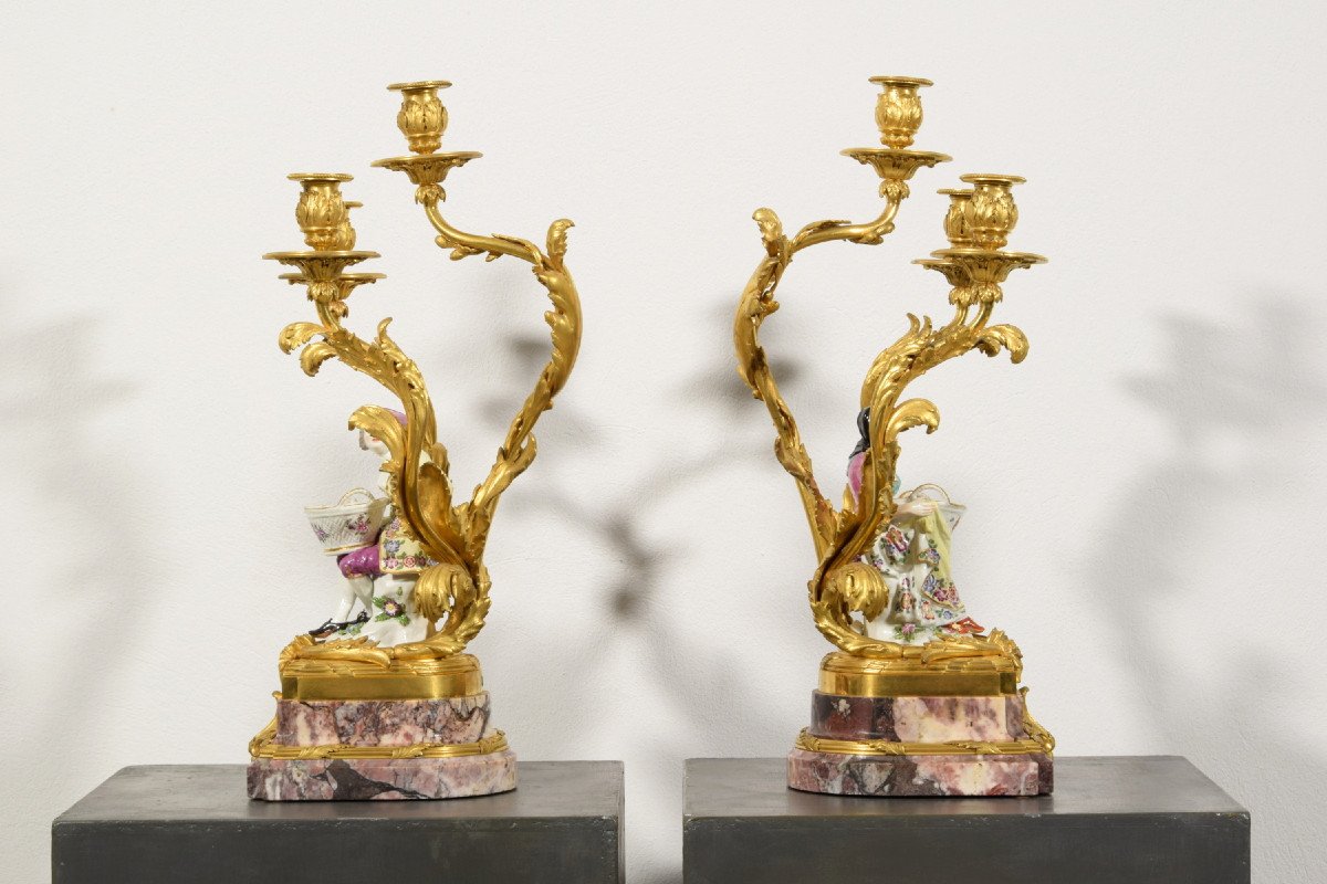 Paire De Candélabres En Bronze Doré Et Porcelaine Polychrome, France, XIXe Siècle-photo-2