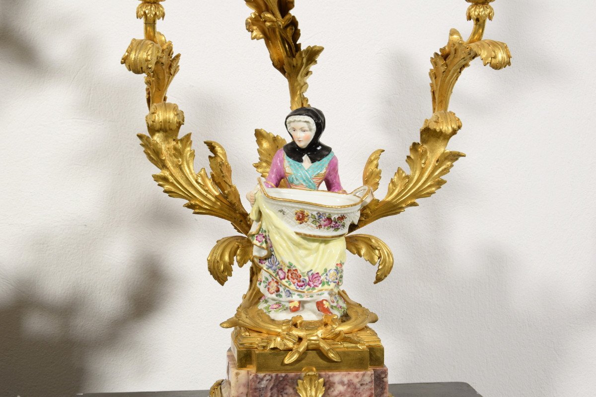 Paire De Candélabres En Bronze Doré Et Porcelaine Polychrome, France, XIXe Siècle-photo-5