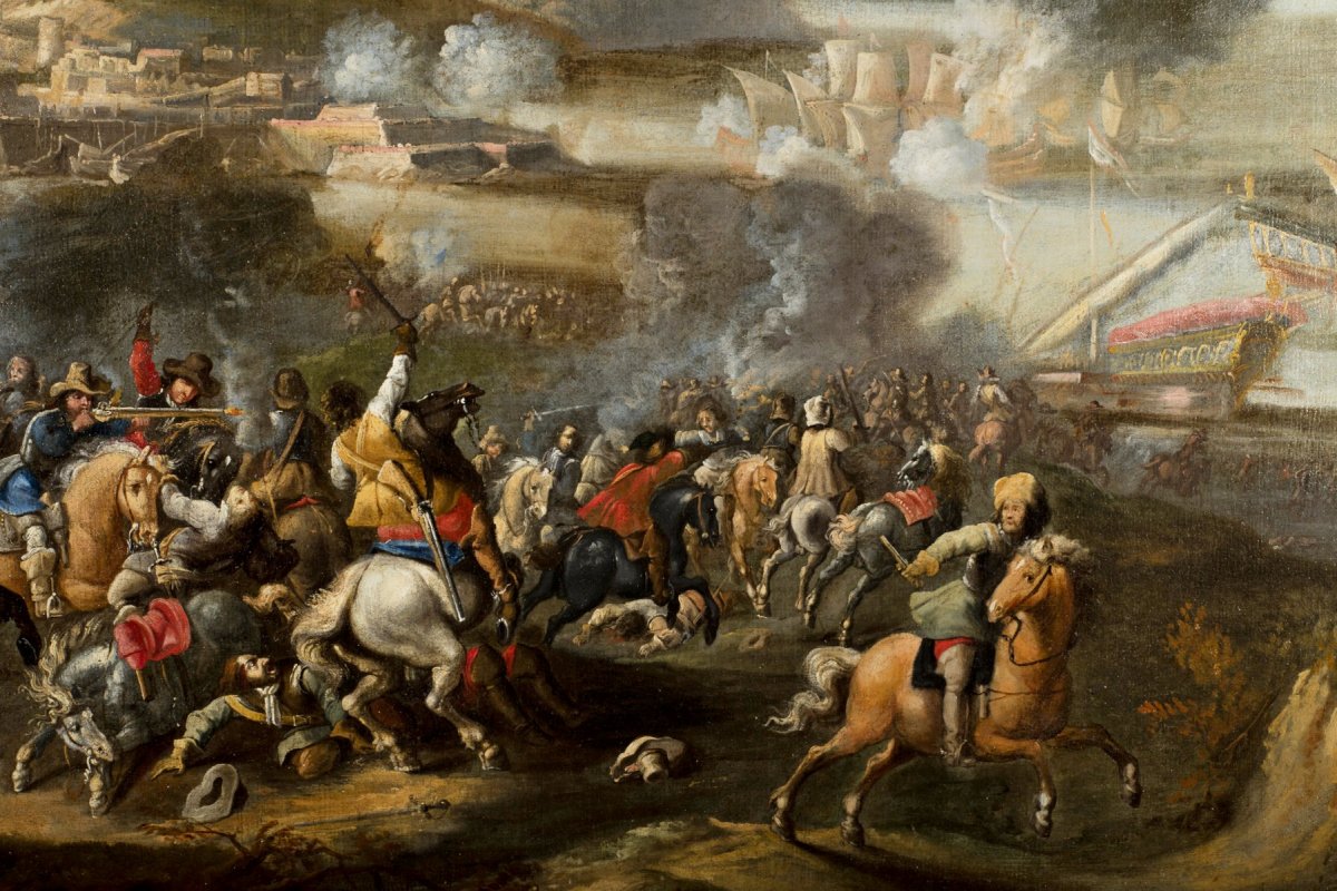 Marzio Masturzo, Battle Between Cavalry And Vessels, Oil On Canvas, Italy 18th Century-photo-4