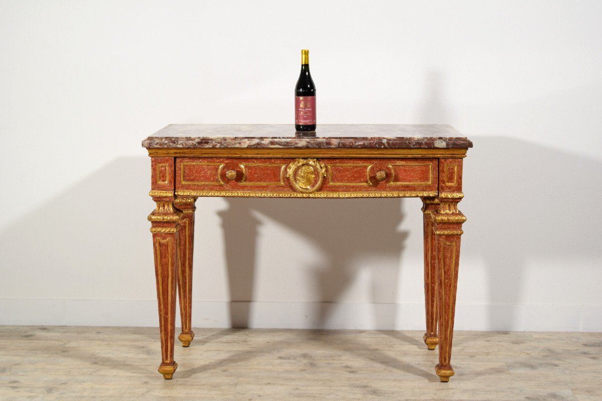 Carved, Golden And Lacquered Wood Console With Red Background, Marble Top-photo-1