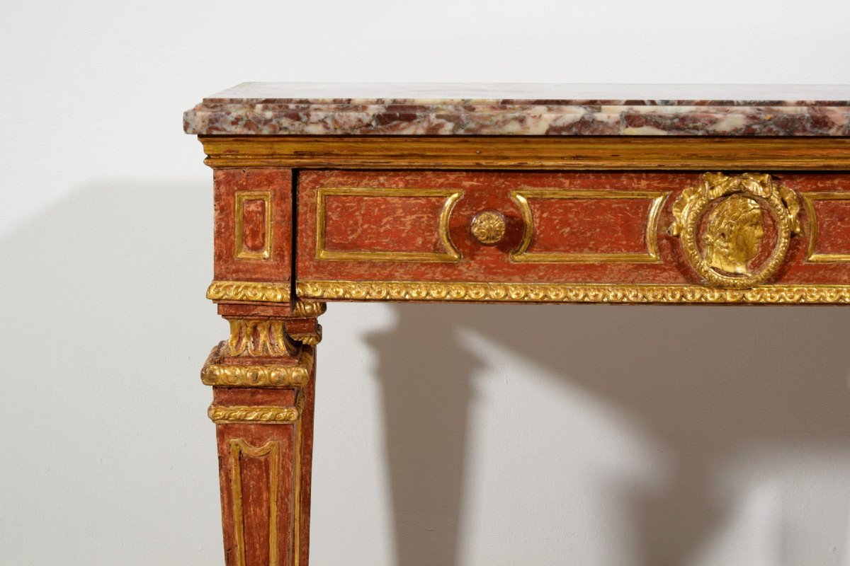 Carved, Golden And Lacquered Wood Console With Red Background, Marble Top-photo-3