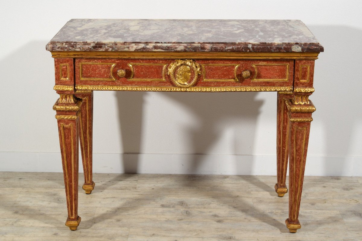 Carved, Golden And Lacquered Wood Console With Red Background, Marble Top-photo-8